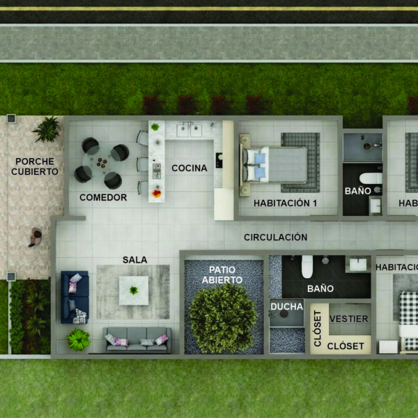 Render interior, planta arquitectónica con nombres_ Diseño casa pequeña El Oasis