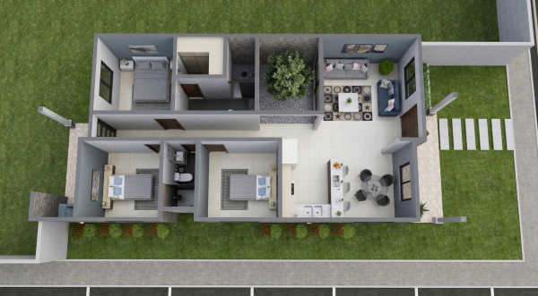 Render perspectiva aérea 1_ Diseño casa pequeña El Oasis