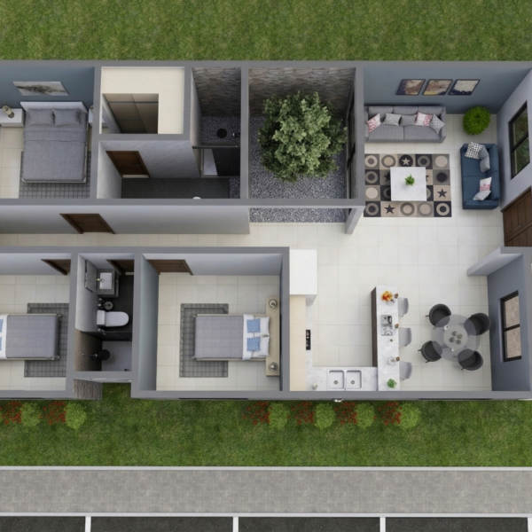 Render perspectiva aérea 1_ Diseño casa pequeña El Oasis
