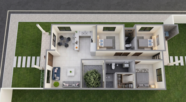 Render perspectiva aérea 2_ Diseño casa pequeña El Oasis
