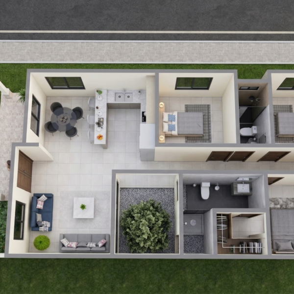 Render perspectiva aérea 2_ Diseño casa pequeña El Oasis
