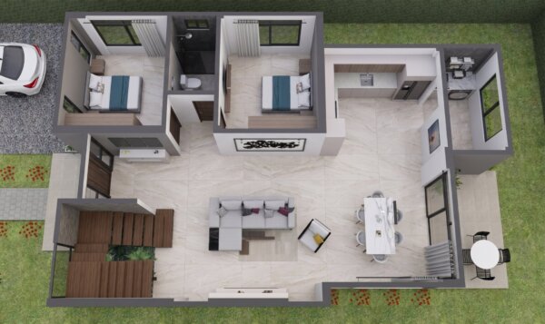 Render planta primer piso, Diseño casa moderna milu
