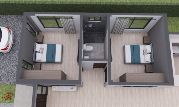 Render planta primer piso habitaciones, Diseño casa moderna milu