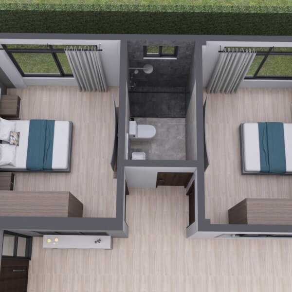 Render planta primer piso habitaciones, Diseño casa moderna milu