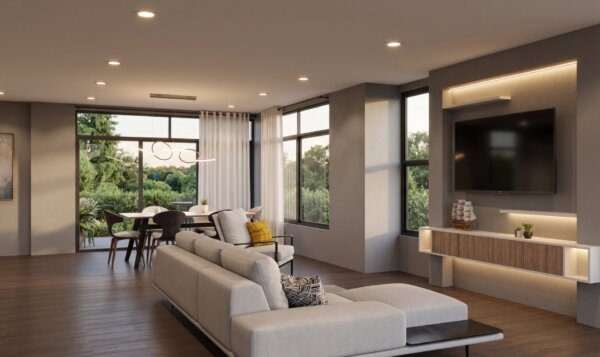 Render interior sala, Diseño casa moderna milu