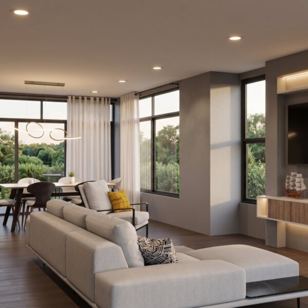 Render interior sala, Diseño casa moderna milu