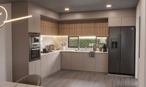 Render interior cocina, Diseño casa moderna milu