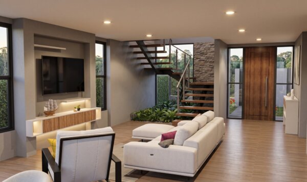 Render interior sala, Diseño casa moderna milu