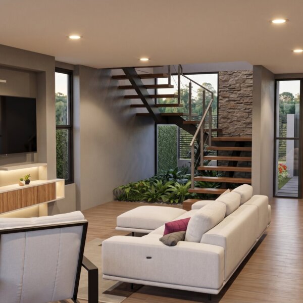 Render interior sala, Diseño casa moderna milu