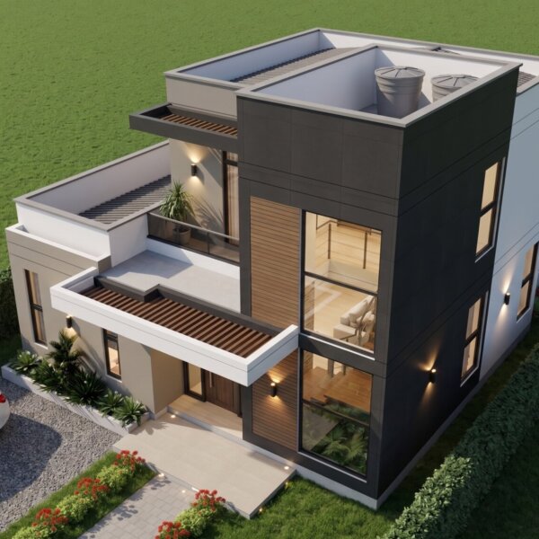 Render perspectiva aérea 1, Diseño casa moderna milu