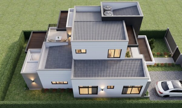 Render perspectiva aérea 4, Diseño casa moderna milu